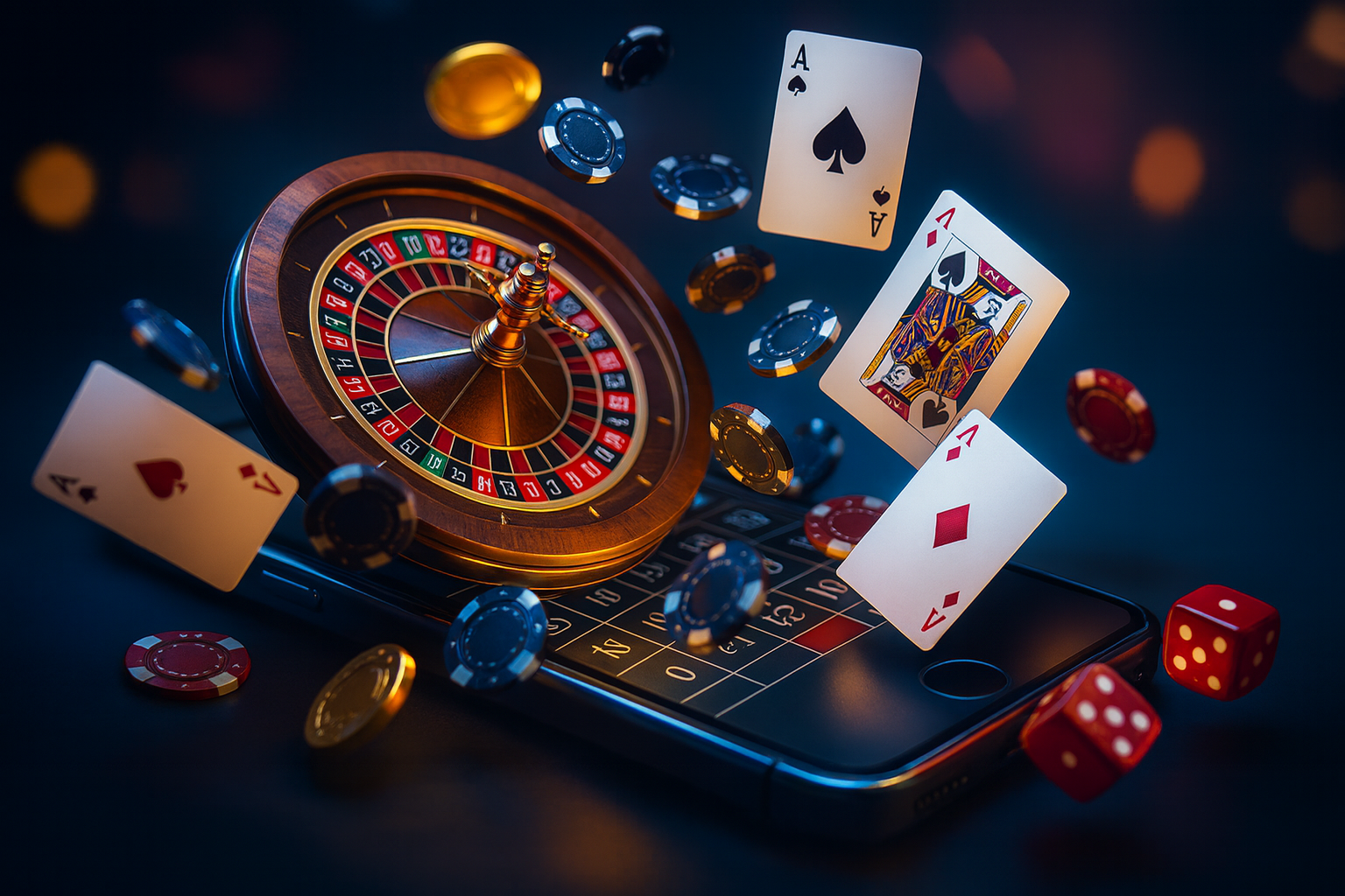 Online casino gaming on mobile: roulette wheel, playing cards, chips and dice